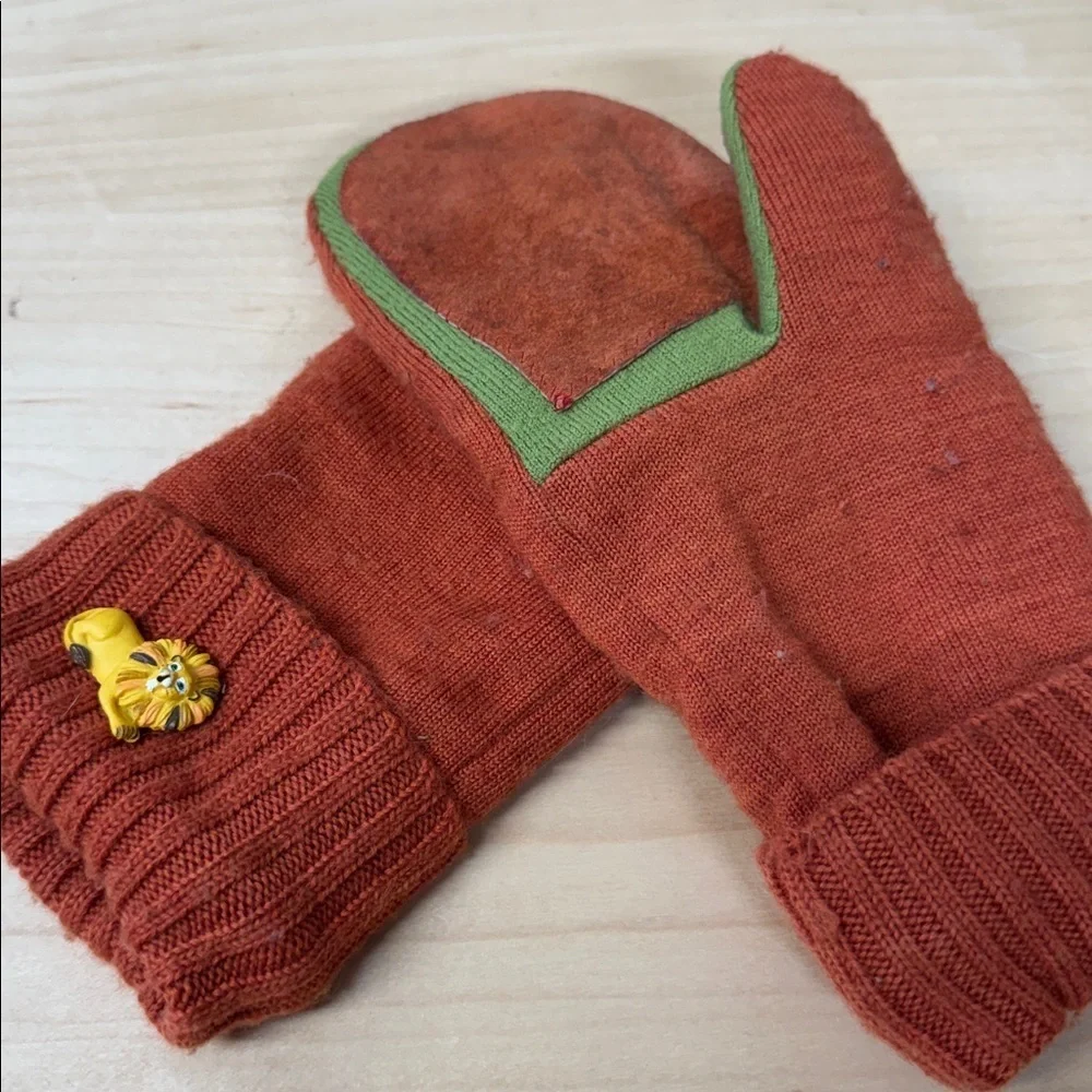 Rust Orange knit sweater and suede fleece lined Mittens with Lion Detail buttons